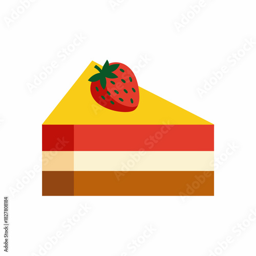 A vibrant slice of layered cake topped with fresh strawberries showcases a delightful dessert, inviting everyone to celebrate sweet moments and indulgent treats together.
