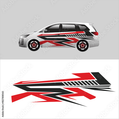 A modern and aggressive MPV car livery featuring sharp angular shapes in red, black, and white.