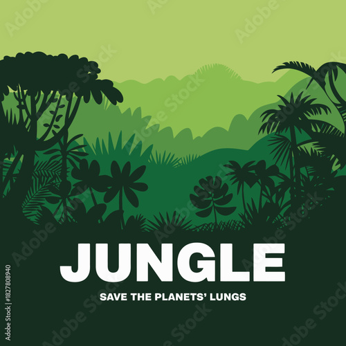 A lush jungle scene promotes awareness of environmental preservation, showcasing a variety of trees and plants, embodying the beauty of nature and the importance of saving forests.
