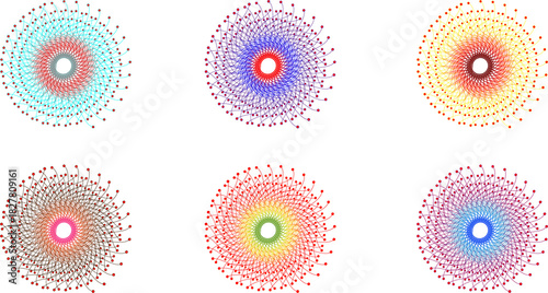 Six abstract colorful radial patterns with intricate dotted lines