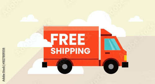 Illustration of a red delivery truck advertising free shipping service