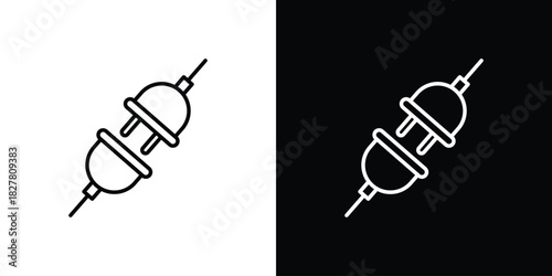 Plug connection icons set with editable black and white stroke line style for ui designs