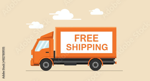 Orange delivery truck with free shipping sign on a light background