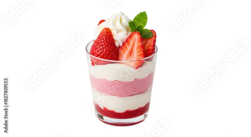 Isolated strawberry trifle in clear glass with cream, layered dessert with fresh fruit