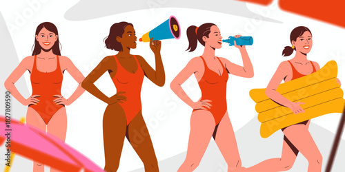 A lively group of young women in stylish swimsuits is having fun by the pool, highlighting friendship and summer vibes, emphasizing leisure, joy, and carefree moments.