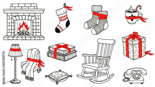 Christmas themed line art illustration featuring fireplace, stockings, gifts, and cozy furniture.