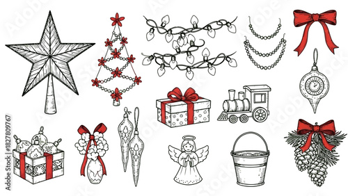 Christmas decorations: star, tree, lights, gifts, train, angel, ornaments, bow, bucket, pine cone.