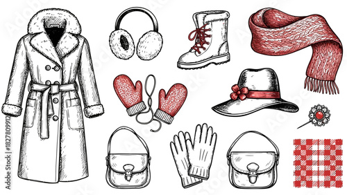 Illustration of winter clothing and accessories: coat, earmuffs, boots, scarf, hat, gloves, bag, and fabric.