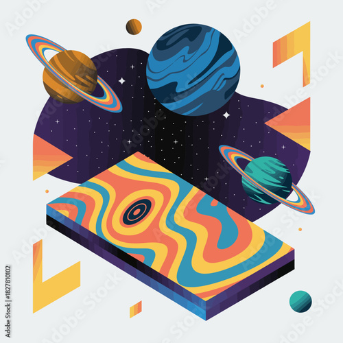An abstract cosmic creation featuring colorful planets and geometric shapes, representing the vast universe and artistic interpretation of space exploration.