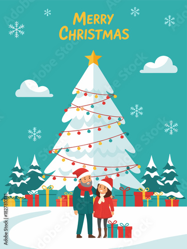 Merry Christmas illustration with couple and gifts under decorated tree with snow and snowflakes