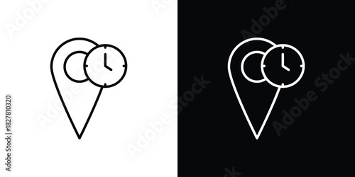 Real time location icons set with editable black and white stroke line style for ui designs