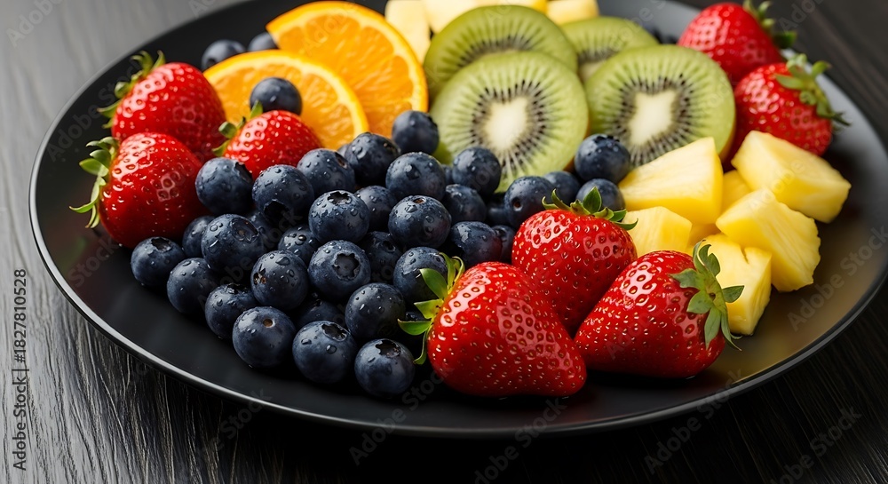 Obraz premium Fresh fruit medley arranged on a dark plate for a healthy snack.
