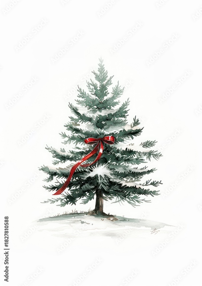 Obraz premium A christmas tree with a red ribbon around it festival conifer plant.