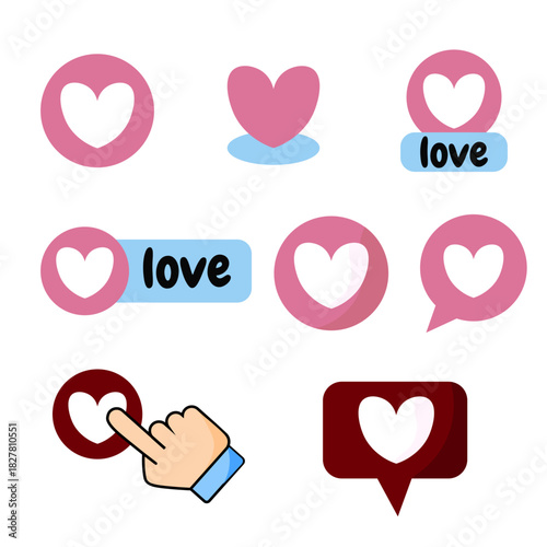 Vector set of love buttons in various styles, ideal for apps, UI design, stickers, and social media graphics.