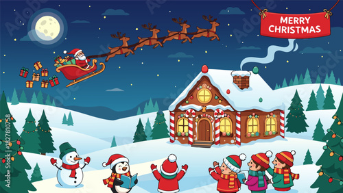 Joyful Christmas Eve illustration of Santa, reindeer, gingerbread house, and caroling children under a starry winter sky