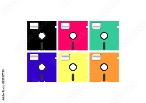 Colorful set of six retro floppy disks 5.25 arranged in a grid on a white background, evoking vintage computer storage and nostalgic digital technology.