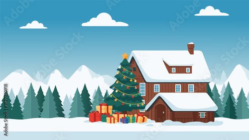 A charming winter landscape illustration featuring a cozy snow-covered house, a decorated Christmas tree with presents, and mountains.c