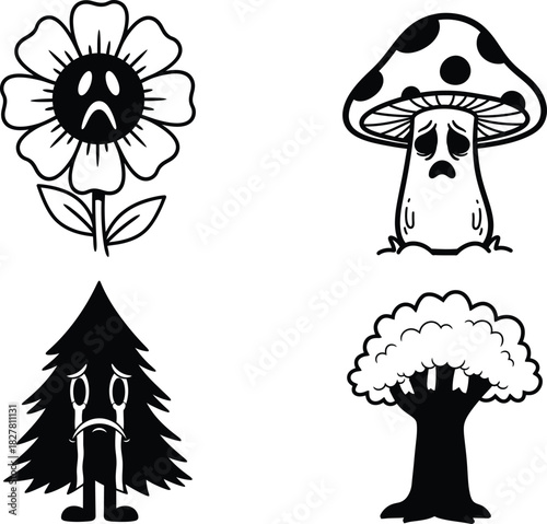 Sad cartoon plants sunflower mushroom pine tree and deciduous tree characters