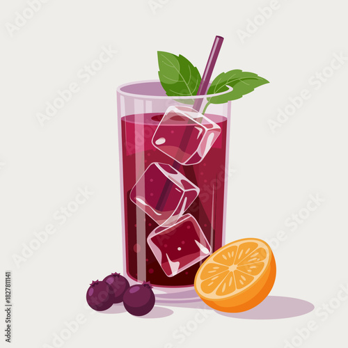 This vibrant image features a tall glass of berry drink filled with ice cubes, garnished with mint leaves and surrounded by fresh blueberries and orange slices for vibrancy.