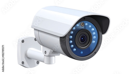 CCTV camera, angled view.  White, grey, blue, black.  Wall mounted.  Security concept.  Digital rendering, realistic style