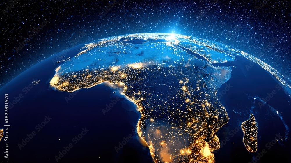 Obraz premium A stunning view of Earth from space, showcasing Africa illuminated by city lights against a backdrop of stars.