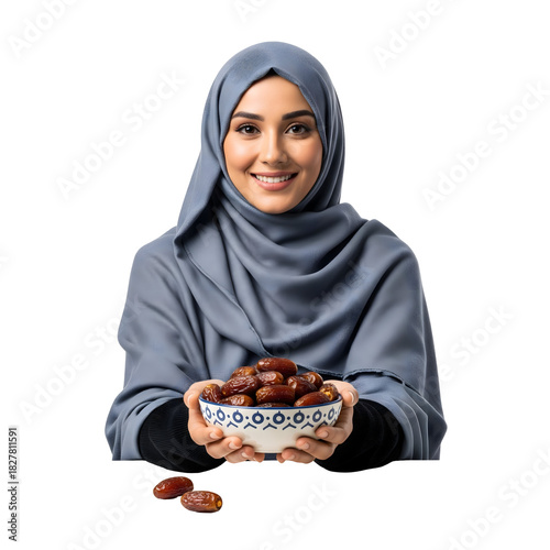 A portrait of a woman wearing a hijab, holding a bowl of dates, smiling and looking directly at the camera. Dates are scattered below on the table, isolated on transparent background