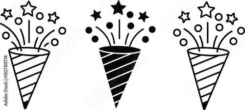 Hand drawn party poppers with stars and confetti for celebrations