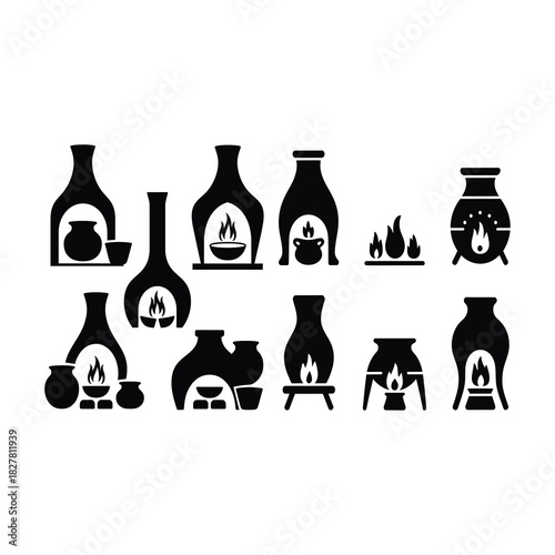 Villager cooking pot motif with rising flame shapes folk-style.