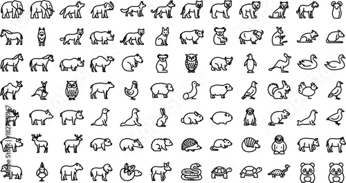 Collection of animal silhouettes in a grid pattern on a white background