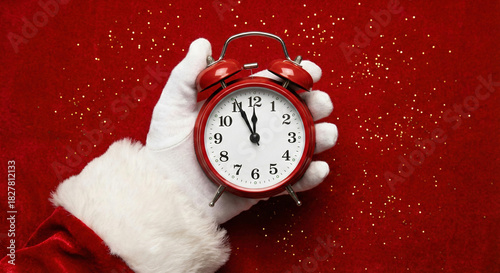 Christmas countdown santas hand with red alarm clock