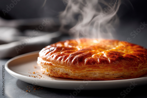 Freshly made galette des rois, hot just out of the oven, steaming