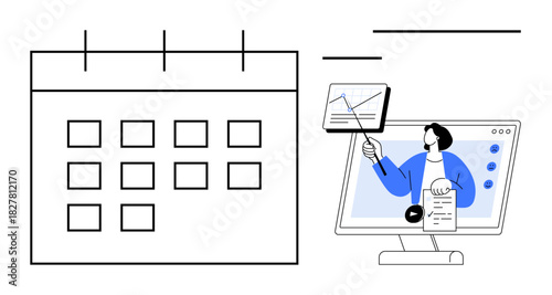 Online scheduling concept. Online tools enhance virtual scheduling and presentation efficiency. Online setups improve productivity and communication. Ideal for project planning, teaching, meetings