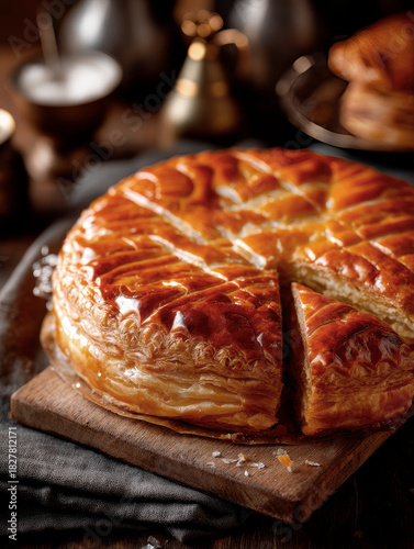 Galette des rois cut open showing almond frangipane filling on wooden table