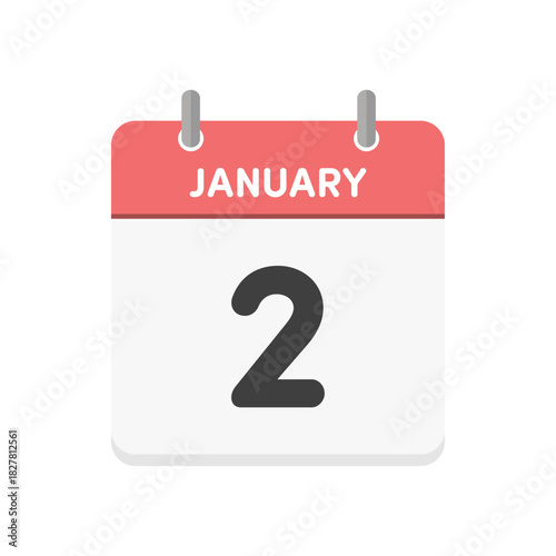 1月2日･JANUARY 2の日めくりカレンダーのアイコン - 1/2の日付入りシンプルな英語の暦