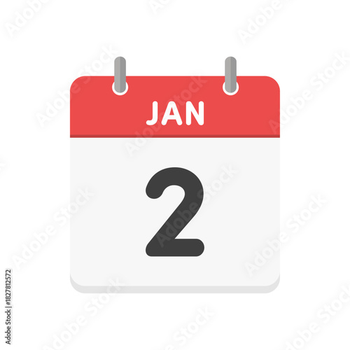 1月2日･JAN 2の日めくりカレンダーのアイコン - 1/2の日付入りのシンプルな赤い英語の暦