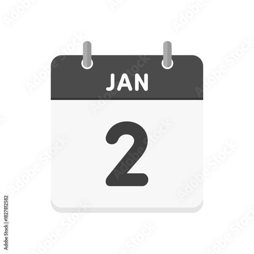 1月2日･JAN 2の日めくりカレンダーのアイコン - 1/2の日付入りの白黒の英語の暦