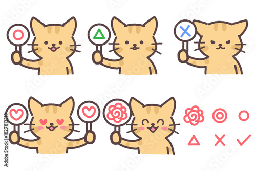 記号プレートを持つ猫のイラストセット(丸・三角・バツ・ハート・花丸)