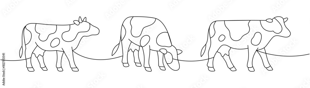Fototapeta premium Three cows in a row. Continuous outline sketch symbolizing livestock herd and rural life