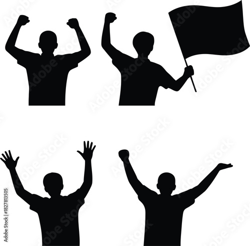 Silhouetted figures celebrating victory and protest with raised arms and flag