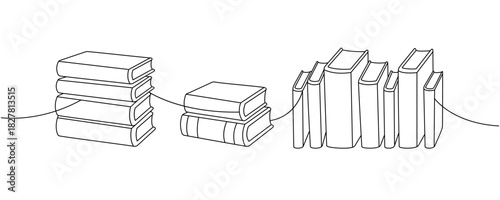 Minimalist line illustration of stacked books in horizontal row drawn in clean black outlines