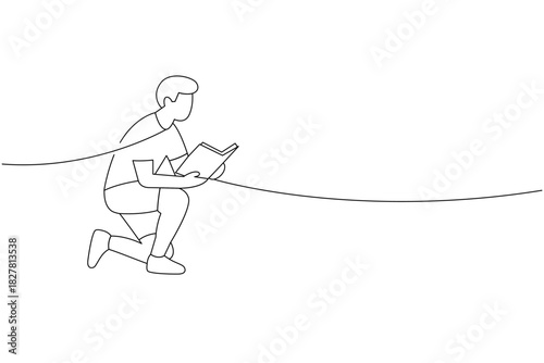 Young man kneeling and reading book. Continuous line vector for literacy design