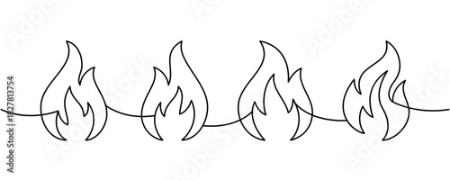 Continuous line of four flames in a row. Minimal fire border outline for modern decorative projects, hazard and safety labels
