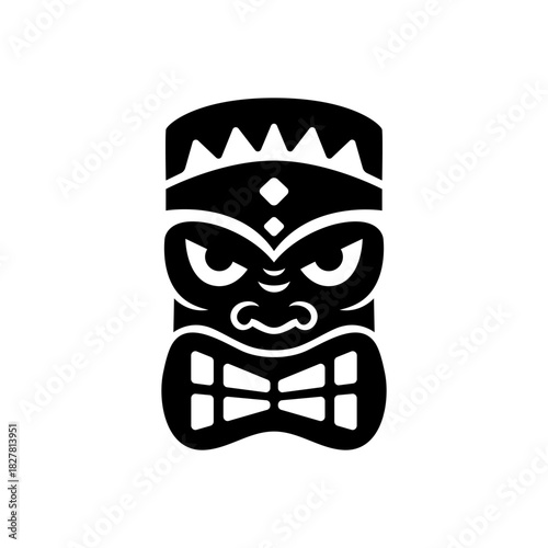Tribal tiki mask with bowtie teeth and diamond crown. Polynesian style black vector illustration for tattoos, cultural posters and festival decorations