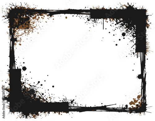 A bold, grunge-inspired frame featuring black ink splatters and irregular borders. Perfect for edgy designs, posters, or artistic showcases needing dramatic framing and distressed texture..