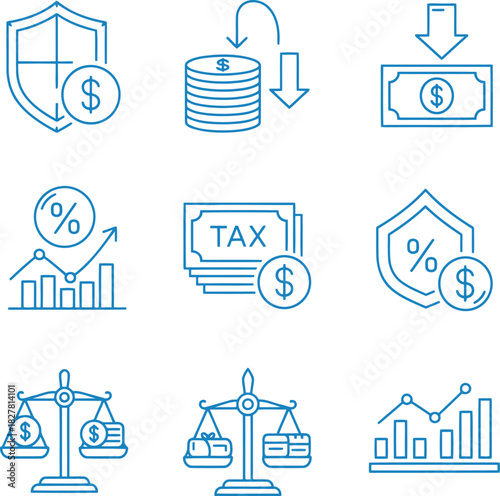 Financial icons representing security savings investment growth taxes and legal balance in a clean modern line art style