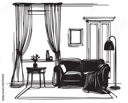 doodles sketch living room, black, retro, vintage