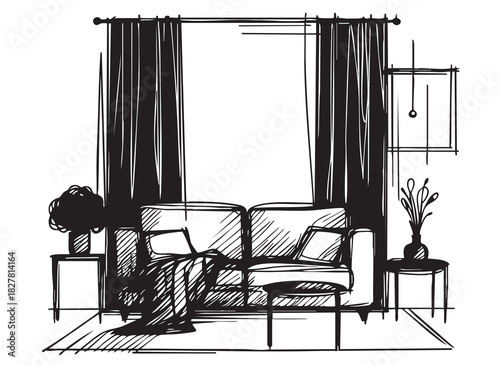 doodles sketch living room, black retro