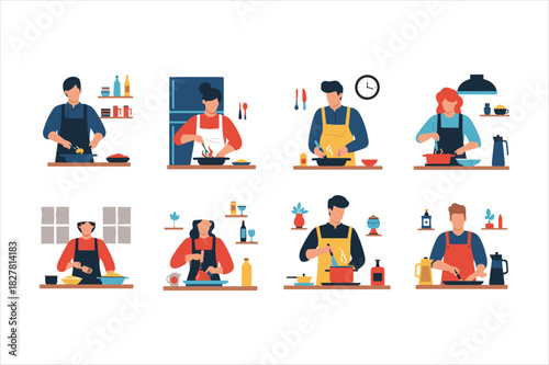 Diverse group of people cooking in the kitchen, preparing meals together