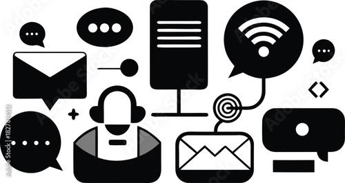 Minimalist communication and messaging icon set featuring speech bubble email phone and bell