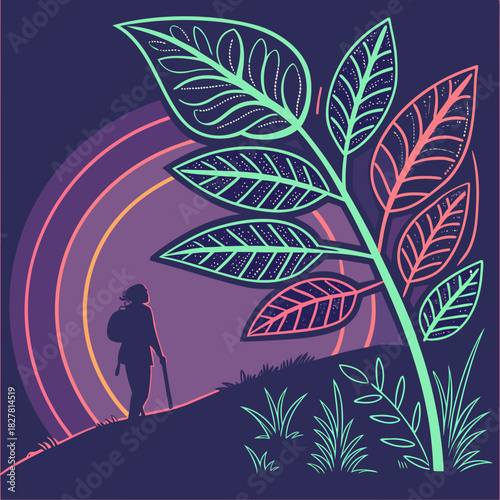 Silhouette of a hiker with leaves and a rainbow background design. silhouette